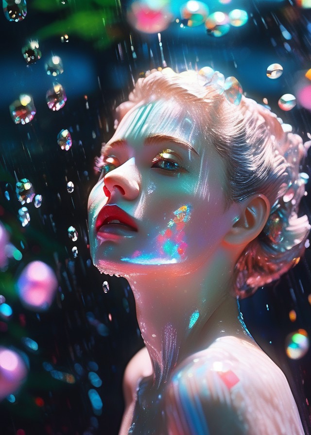 AI image of a young woman and water droplets 