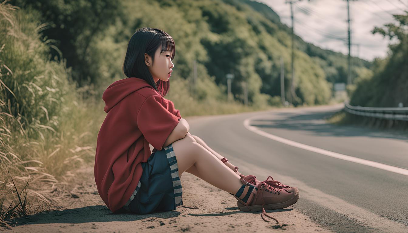 AI image of Korean teen wearing red jacket at the side of the road.