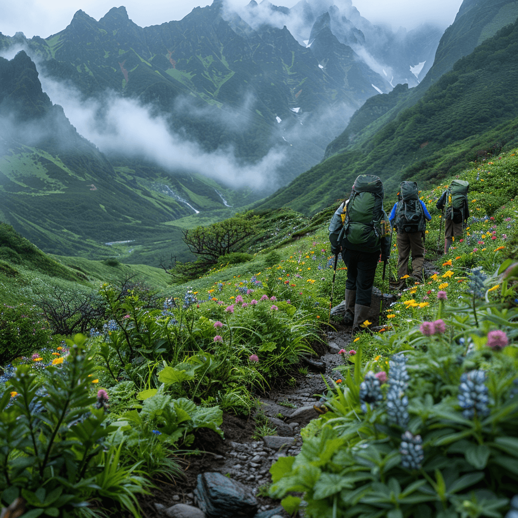 ai image ,made with midjouney, of mountains and people hiking 