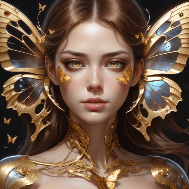 AI image of beautiful woman with the style of golden butterflies made with stable diffusion.